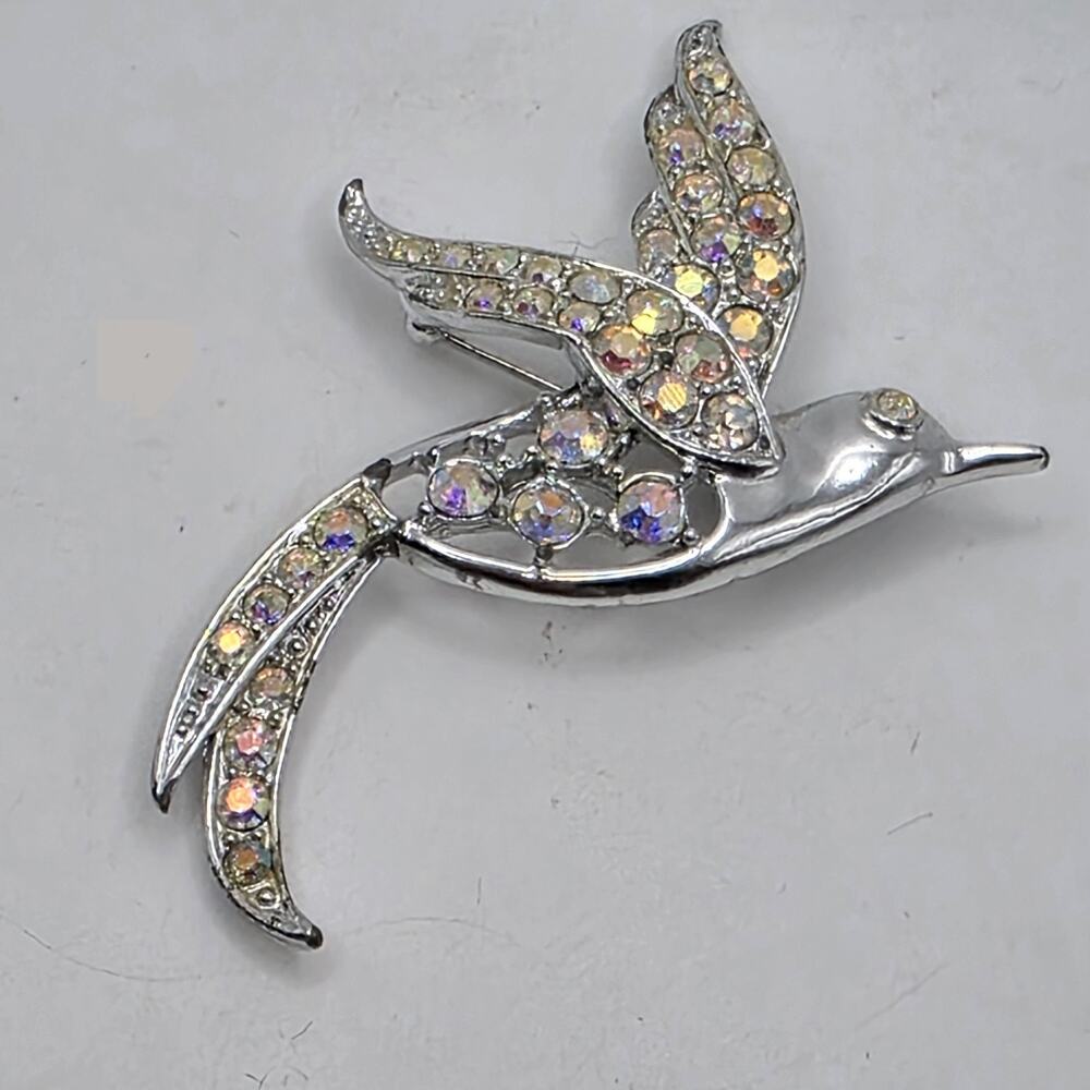 Sarah Coventry Hummingbird Brooch Silver Aurora Borealis Rhinestones Vintage